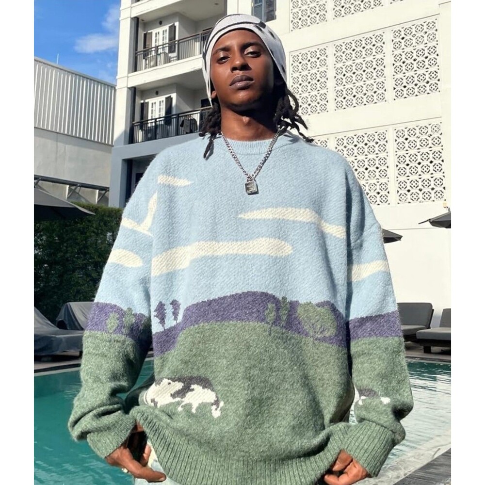 Aelfric Eden Cow Landscape Knit Oversized Sweater AOP